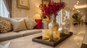 Golden Vase with Red Flowers and Candle Holders in a Sophisticated Living Space