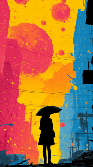 Woman With Umbrella Stands Alone Beneath Planetary Sky