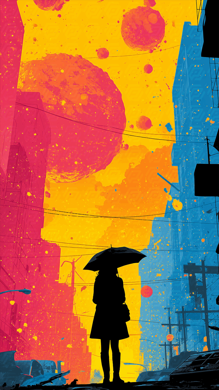 Woman With Umbrella Stands Alone Beneath Planetary Sky