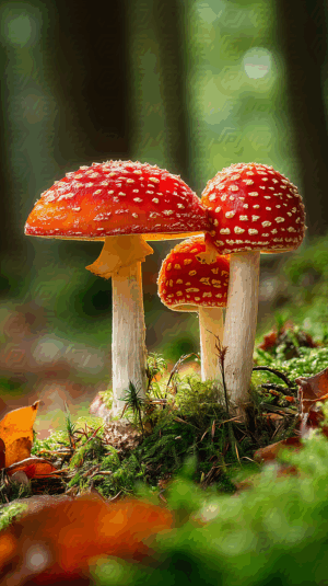Cluster of Fly Agaric Mushrooms on Mossy Forest Floor