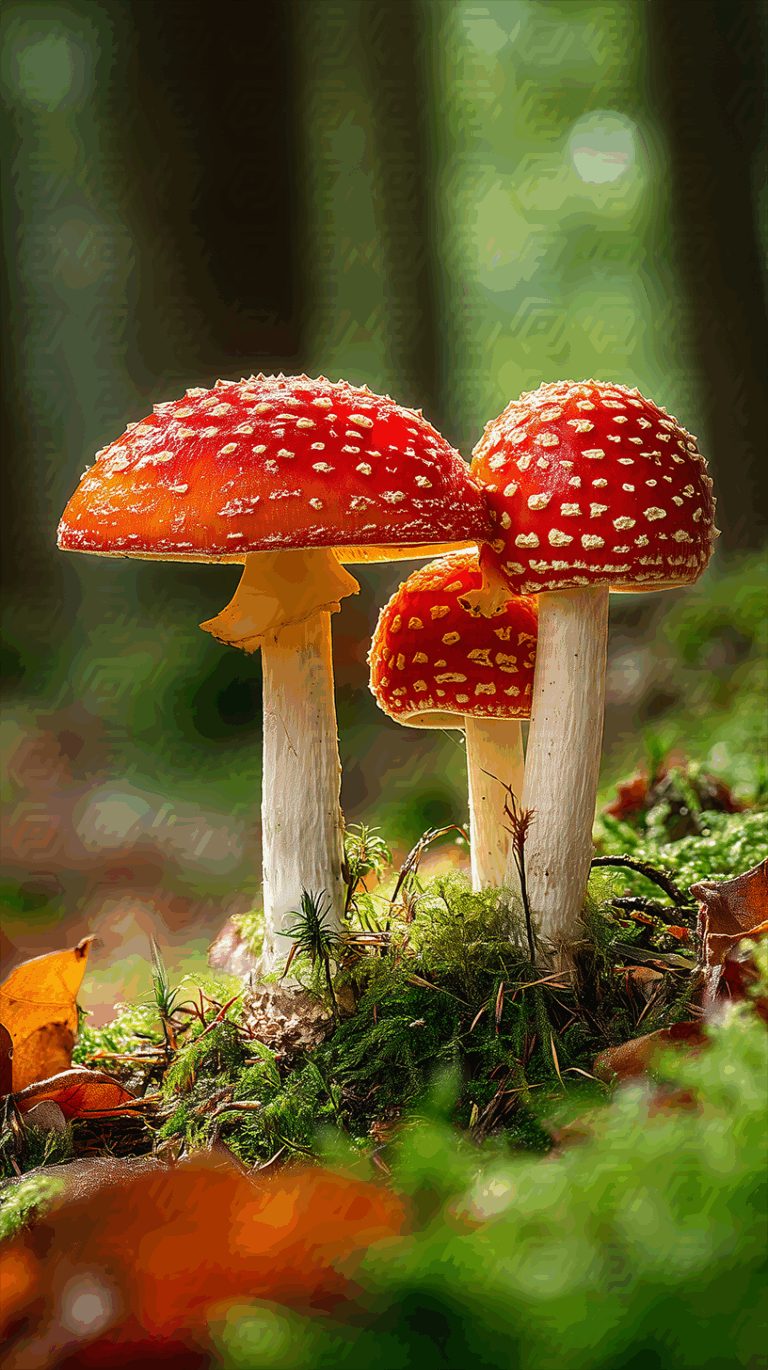Cluster of Fly Agaric Mushrooms on Mossy Forest Floor