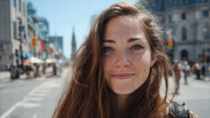 Freckled Woman Smiling In Summer Cityscape