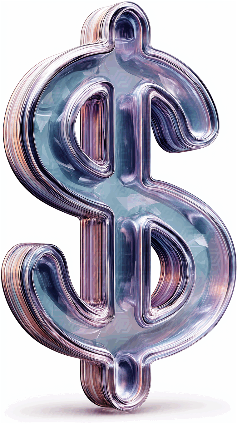 Glossy Crystal Dollar Symbol with Iridescent Effects on White