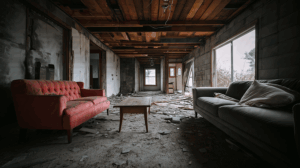 Abandoned House Interior With Damaged Furniture and Debris