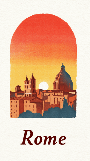 Watercolor Illustration of Rome Cityscape at Sunset With Dome and Towers