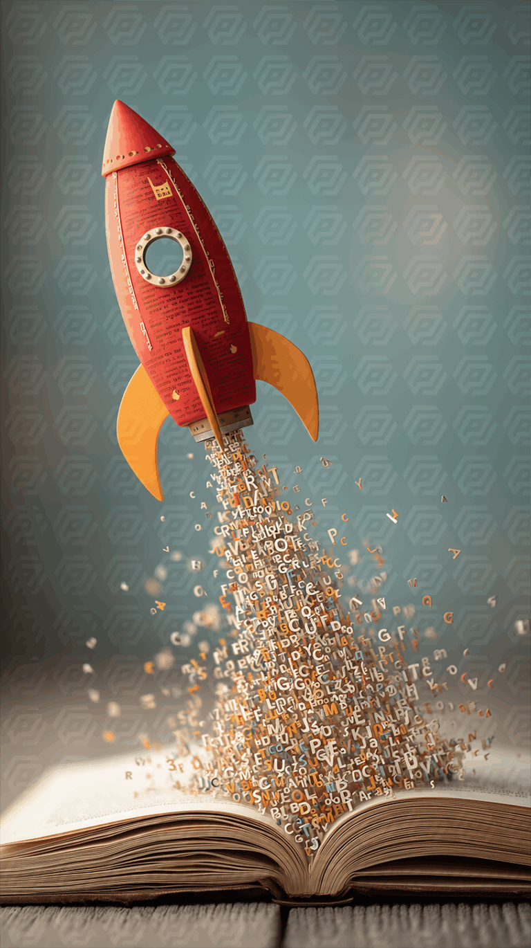 Red Rocket Launching From Open Book With Exploding Letters