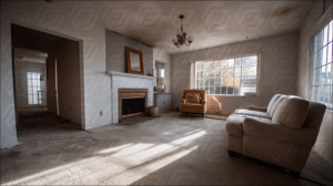 Sunlit Abandoned Living Room With Fireplace and Vintage Furniture