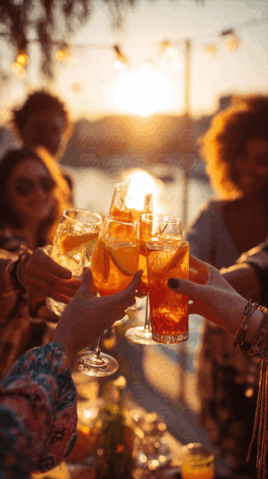 Outdoor Cheers With Friends Holding Bright Citrus Cocktails At Sunset