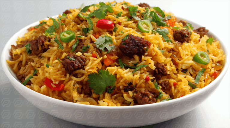 Hearty Beef Fried Rice Garnished with Peppers and Cilantro