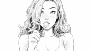 Black and White Comic Style Girl with Lollipop and Curly Hair
