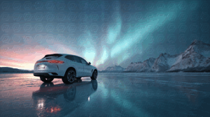 Luxury White SUV Car Under Northern Lights Rear View