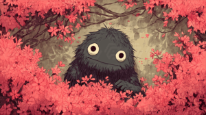Cute Black Furry Creature In Blooming Spring Garden