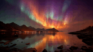 Colorful Aurora Borealis Reflecting Over Still Waters