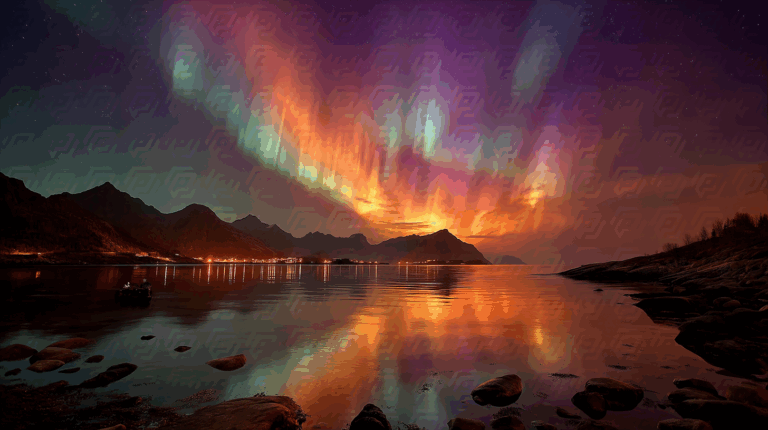 Colorful Aurora Borealis Reflecting Over Still Waters