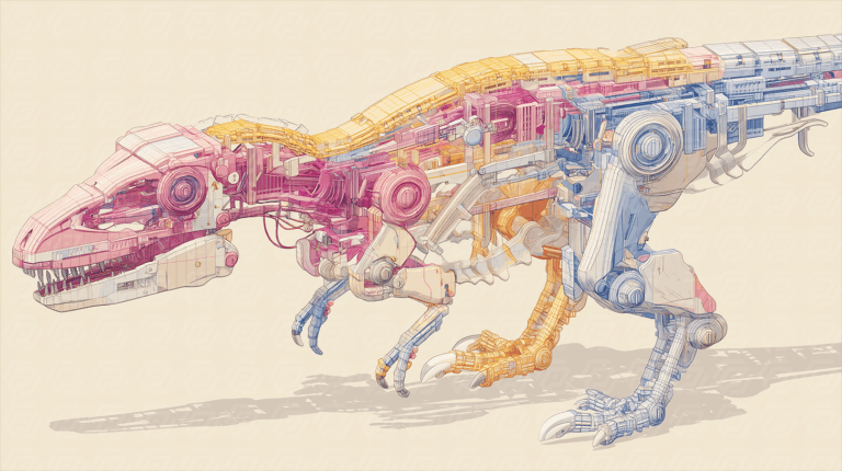 Mechanical Dinosaur With Exposed Robotics And Colorful Components