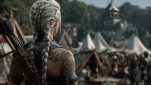 Archer Viking Woman in Braided Hair Facing Medieval Market
