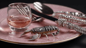 Diamond-Studded Scorpion Beside Pink Drink On Plate