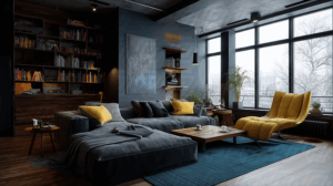 Modern Industrial Living Room with Dark Tones and Yellow Accents