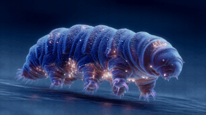 Bioluminescent Tardigrade Underwater with Glowing Sparks