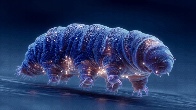Bioluminescent Tardigrade Underwater with Glowing Sparks