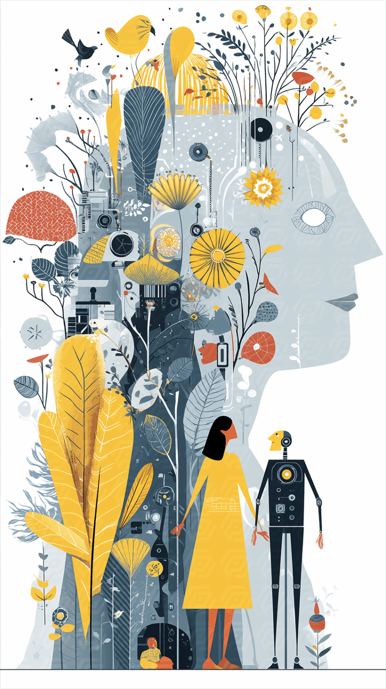 Human and Robot Holding Hands Surrounded by Nature and Technology
