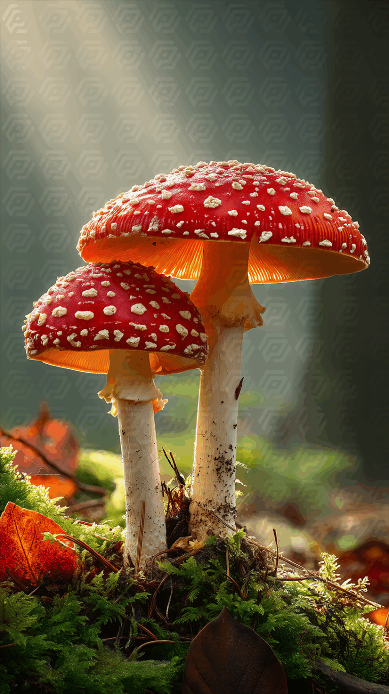 Red-Capped Fly Agaric Mushrooms With Morning Sun Rays