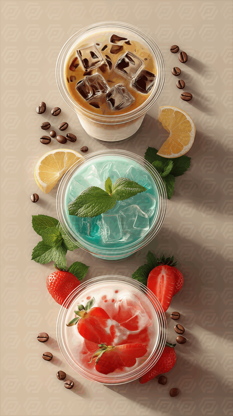 Top View Refreshing Summer Beverages With Fruit and Coffee