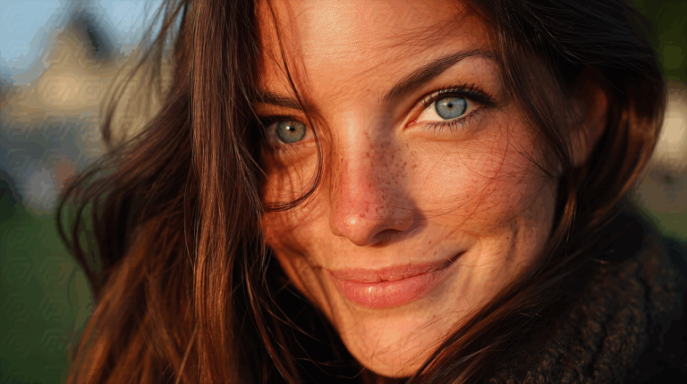 Close-Up Freckled Woman Smiling In Sunset Light