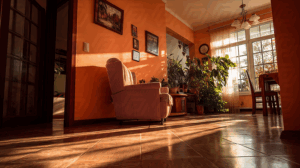 Sunlit Room With Plants and Cozy Furniture in Orange Tones