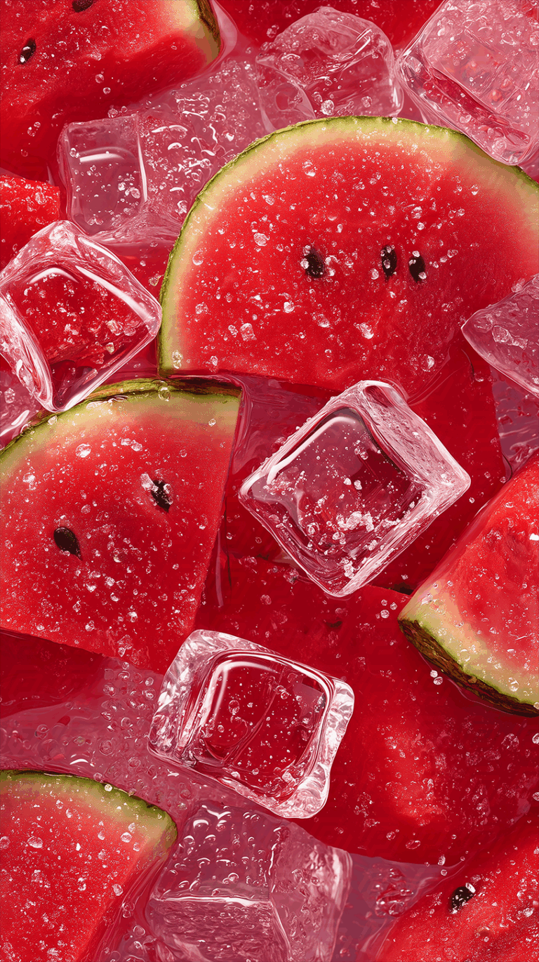 Close Up Of Juicy Watermelon Wedges And Ice