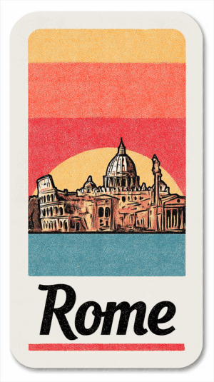 Retro Travel Poster of Rome Featuring Iconic Landmarks and Bold Sunset Colors