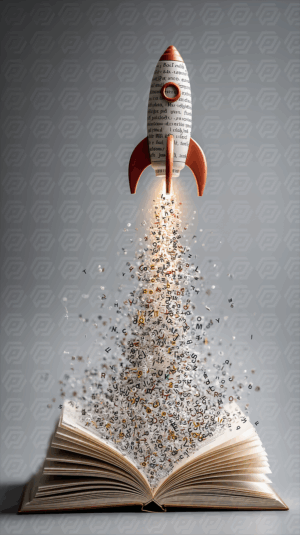 Rocket Made of Text Launching From Open Book With Floating Characters