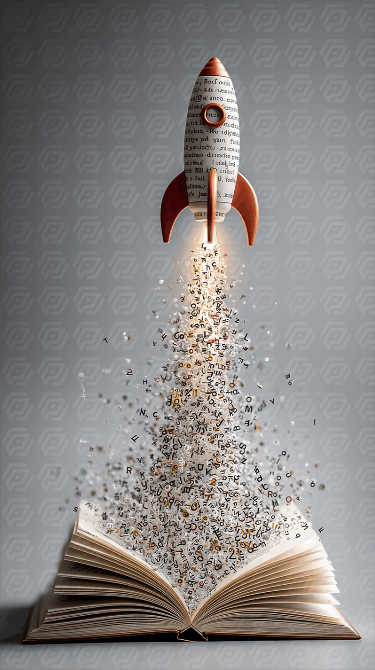 Rocket Made of Text Launching From Open Book With Floating Characters