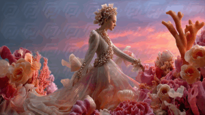 Elegant Fantasy Woman Among Floral Coral Garden at Sunset