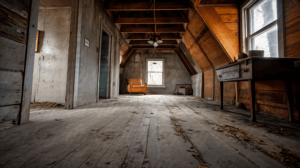 Dusty Attic Room With Exposed Beams and Solitary Orange Chair