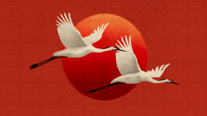 Elegant Red-Crowned Cranes Soaring Across a Textured Red Sun