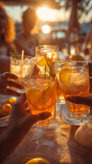 Group Toast With Lemon Cocktails During Golden Hour At A Lakeside Table