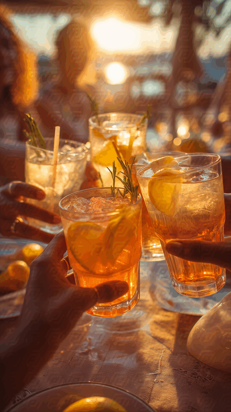 Group Toast With Lemon Cocktails During Golden Hour At A Lakeside Table