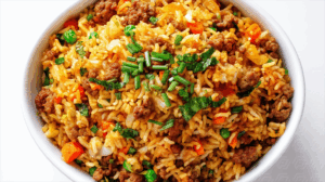 Colorful Bowl of Ground Beef Fried Rice with Vegetables