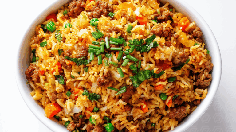 Colorful Bowl of Ground Beef Fried Rice with Vegetables