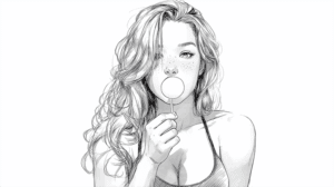 Black and White Sketch of Woman with Lollipop in Sporty Tank Top