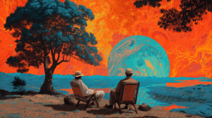 Vivid Fantasy Sunset With Tree Silhouettes And Colorful Planet