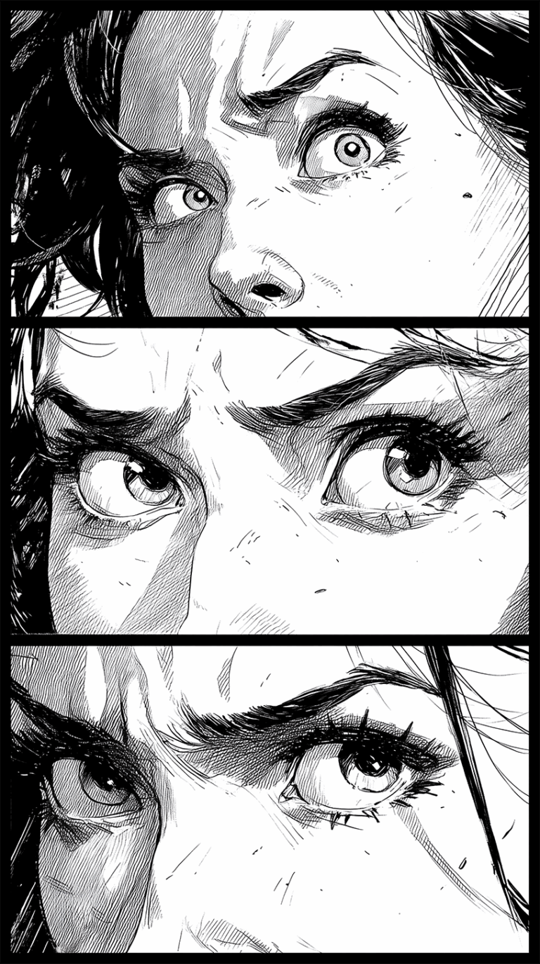 Comic Book Eyes In Suspenseful Panels With Dramatic Ink Shading