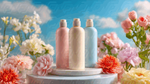 Colorful Floral Beauty Product Scene with Blue Sky