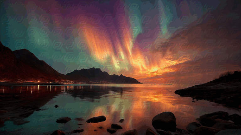 Epic Sunset and Northern Lights Over Rugged Coastline