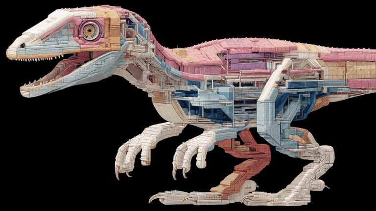 Colorful Robotic Dinosaur In Mechanical Breakdown View