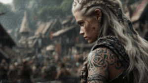 Tattooed Female Viking Warrior in Gritty Medieval Town