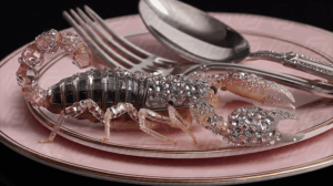 Crystal-Armored Scorpion On Pink Plate With Elegant Cutlery