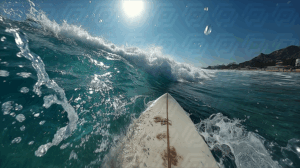 Surfer's POV Approaching Wave with Coastal Backdrop