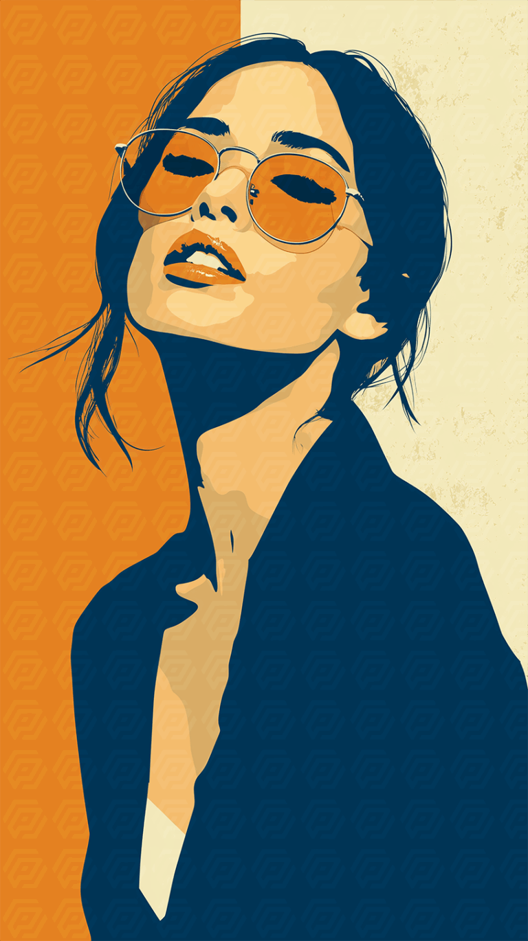 Stylized Woman in Sunglasses with Orange and Beige Background